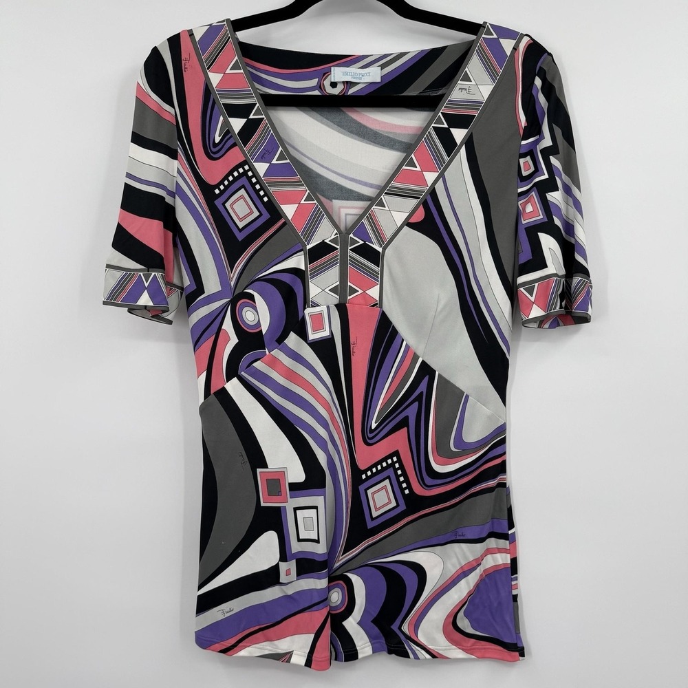 Emilio Pucci Blouse Womens 10 Multicolor Geometric V-Neck Stretch Art